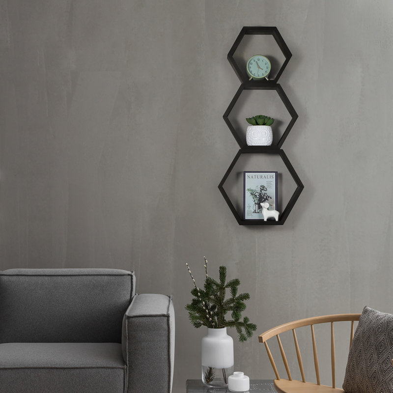 Emeria 3 Piece Hexagon Floating Shelf, Black