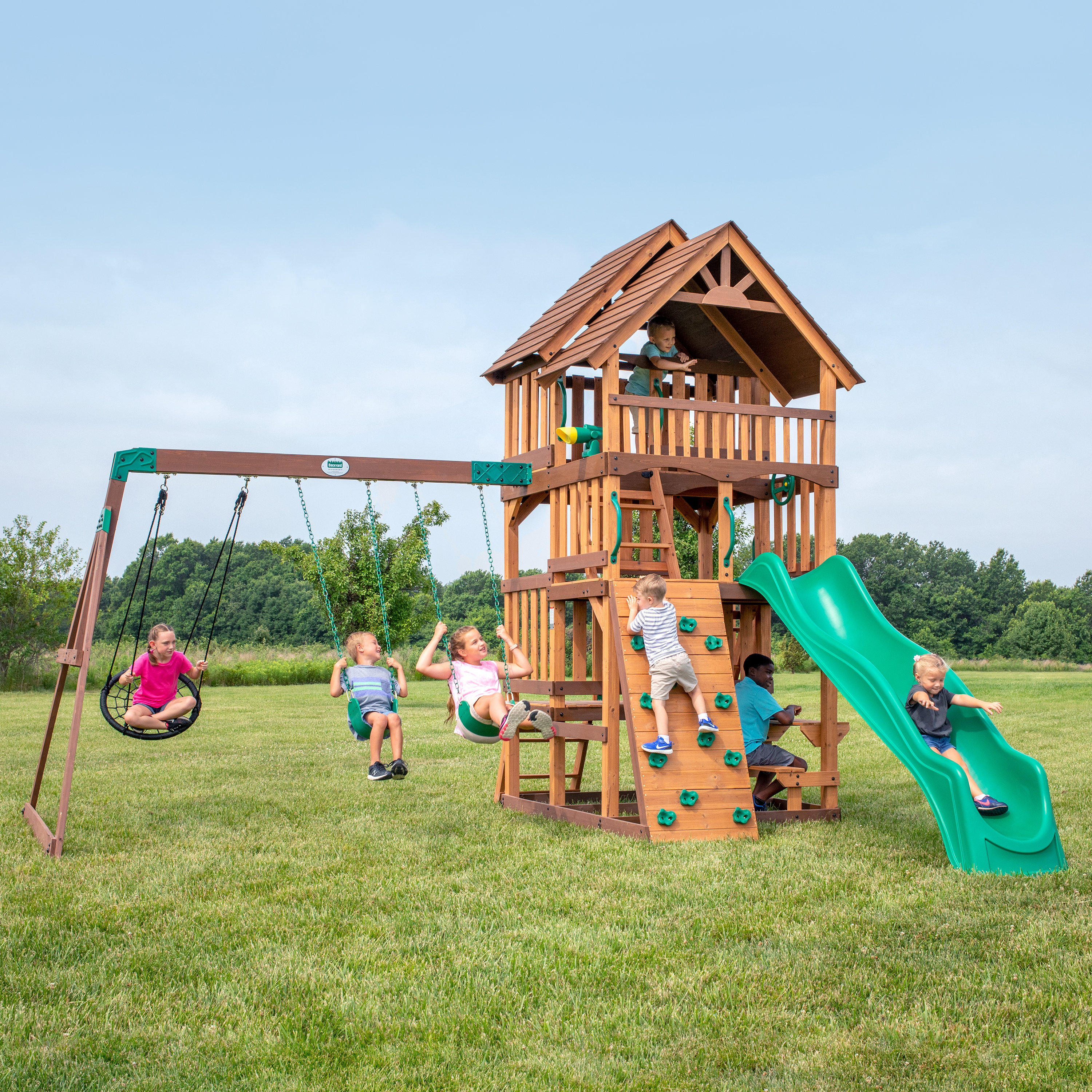 Backyard Discovery Highlander Cedar Wood Swing Set with Wave Slide