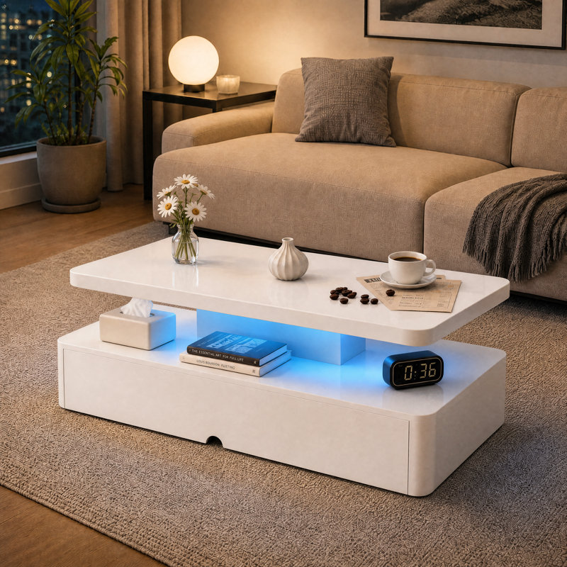 Modern High Gloss Coffee Table With Led Light, Double-Layer Lighted Cocktail Table for Living Room Small Apartment Home Decor
