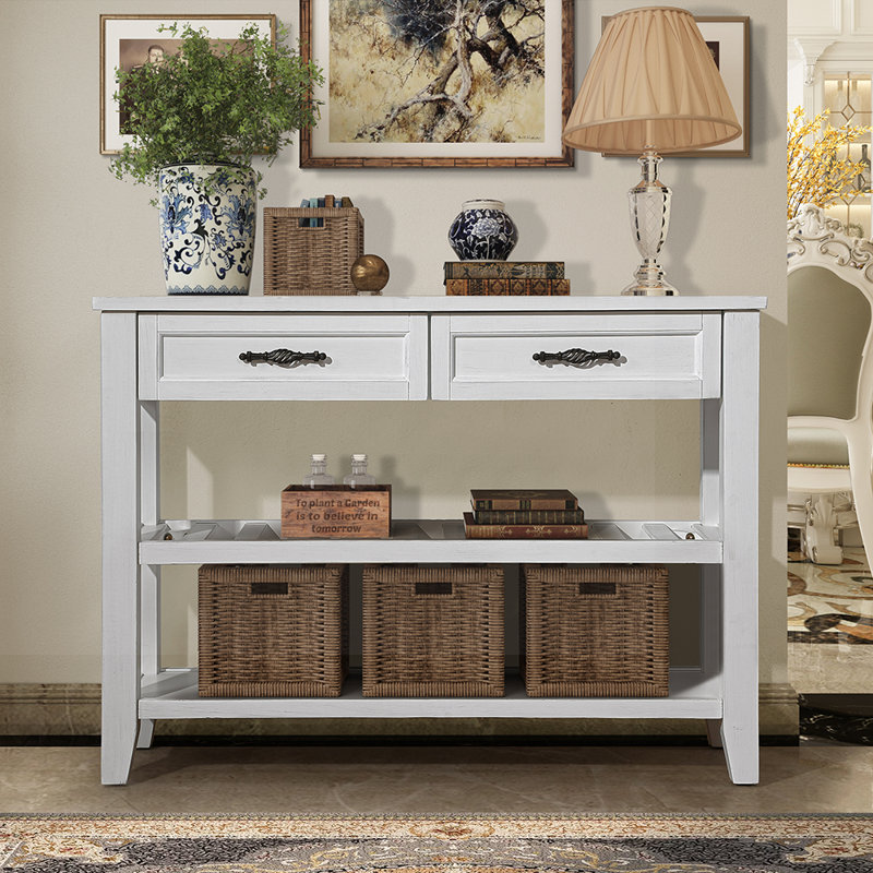 Console avec tiroirs et tablettes de rangement, buffet en bois massif de style Mid-Century, Blanc