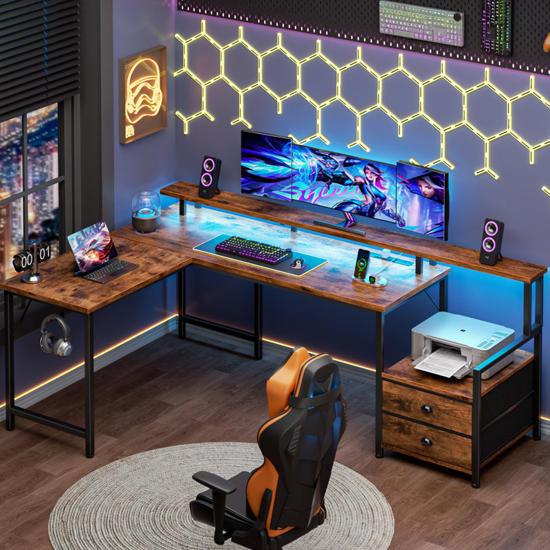 Bureau de jeu en L 66 po avec lumières DEL et prises de courant, bureau d'ordinateur avec tiroirs et support pour imprimante