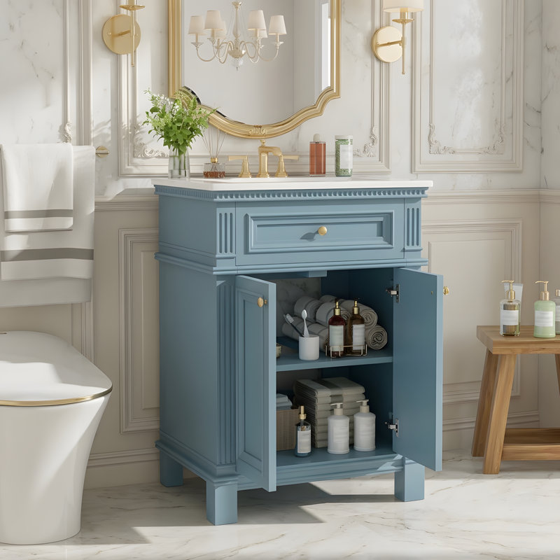 Meuble-lavabo autoportant 24 po avec lavabo et rangement à fermeture en douceur, Bleu indigo