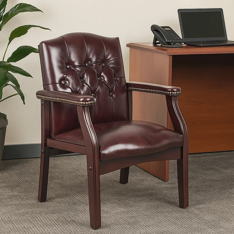 Fauteuil d'invité de réception classique Koe, vinyle capitonné bourgogne, pieds en bois, Bourgogne