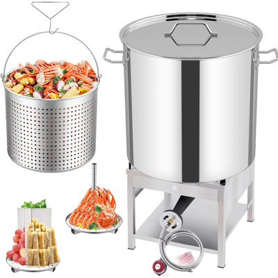 Casserole en acier inoxydable de 100 pte avec brûleur au propane de 200 000 Btu - marmite à ébullition de fruits de mer, marmite à crabe, marmite à crevettes, marmite à crevettes, panier à vapeur Tamale et friteuse à dinde