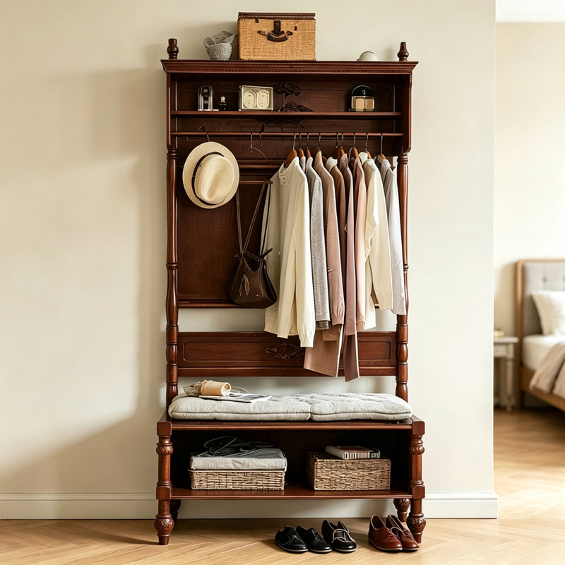 Solid Rubber Wood Entryway Hall Tree