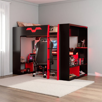 Lit mezzanine en bois pleine grandeur avec prise de courant et ports USB / Type-C, gestion des câbles intégrée et lumière RVB