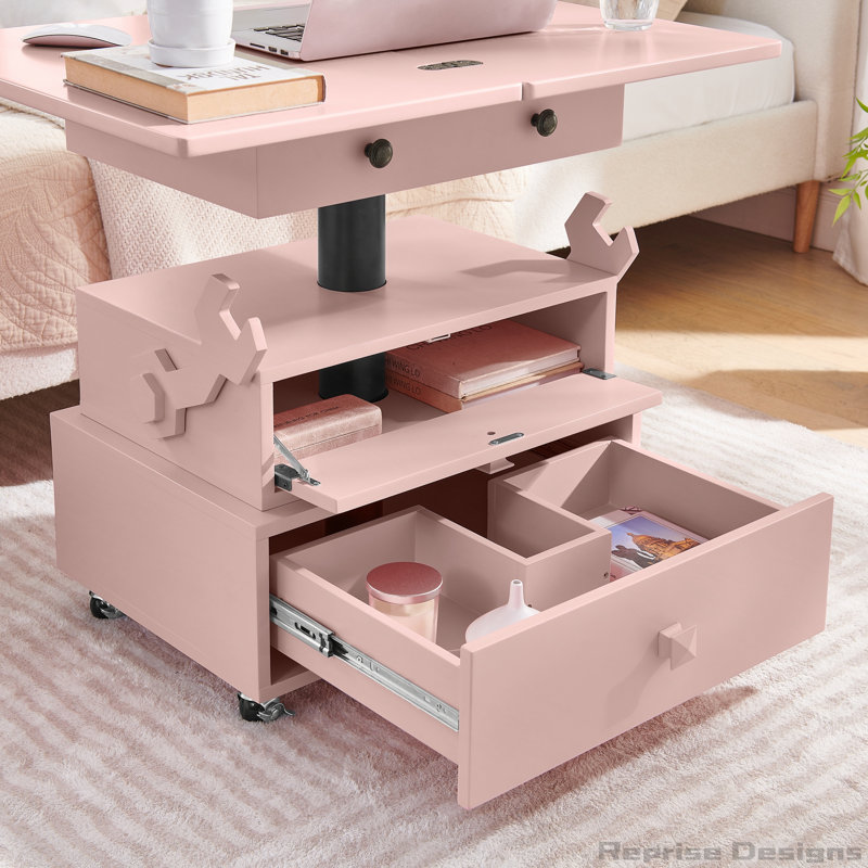Table de bout roulante à hauteur ajustable laquée ultrabrillante avec station de charge et roues universelles avec freins, table à plateau relevable multifonctionnelle avec tiroirs de rangement pour la chambre à coucher du salon