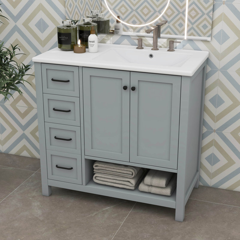 Meuble-lavabo de 36 pouces avec comptoir d'évier, armoire avec deux portes et deux tiroirs, avec tablette ouverte, Gris