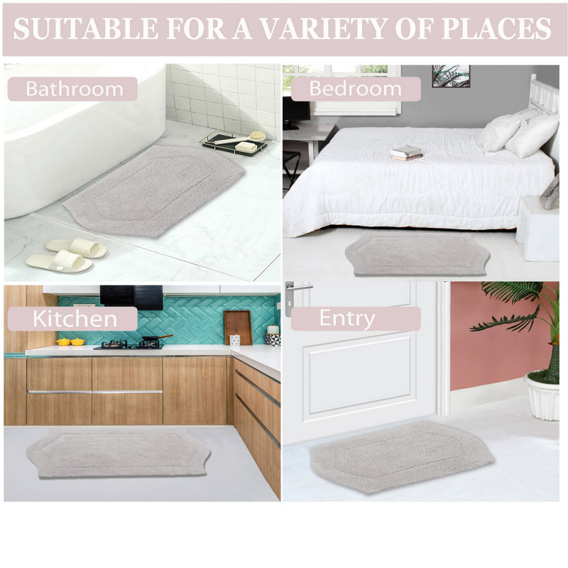 Morissette 100% Cotton Bath Rug, Non-Slip, Quicky Dry, Machine Washable, Absorbent - 3 Piece Set, Light Gray