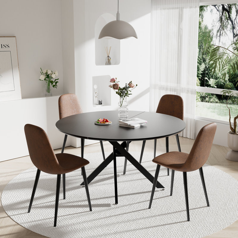 47in Round Dining Table Set for 4-6 Person, Black, 5
