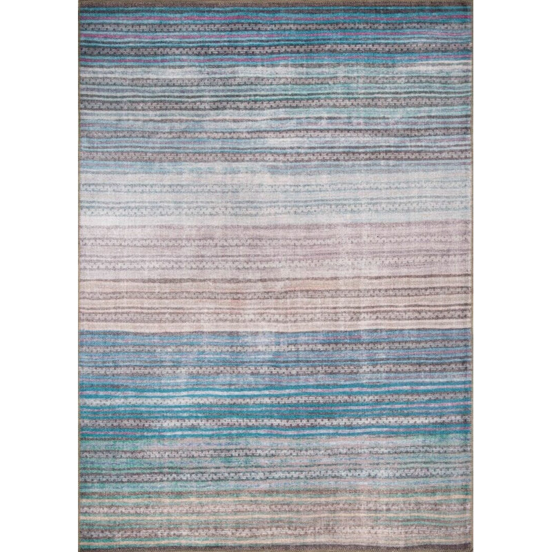 Tapis décoratif rayé bleu, beige et gris, Rectangle 3 pi 10 po x 5 pi 3 po