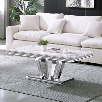Faux Marble Coffee Table Set of 3, Modern Living Room Table Set Includes 1 Coffee Table and 2 End Side Tables for Living Room, White Faux Marble Top w by Everly Quinn
