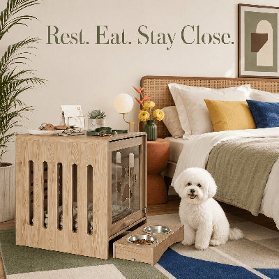Modern Dog Crate Furniture with Power Outlet, Wood Side Table for Small Dogs, Pet Crate End Table & Kennel Cabinet