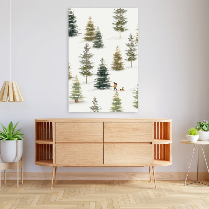 Art contemporain de paysage de pin abstrait traîneau de Sledding Hill, H 48 po x l 32 po