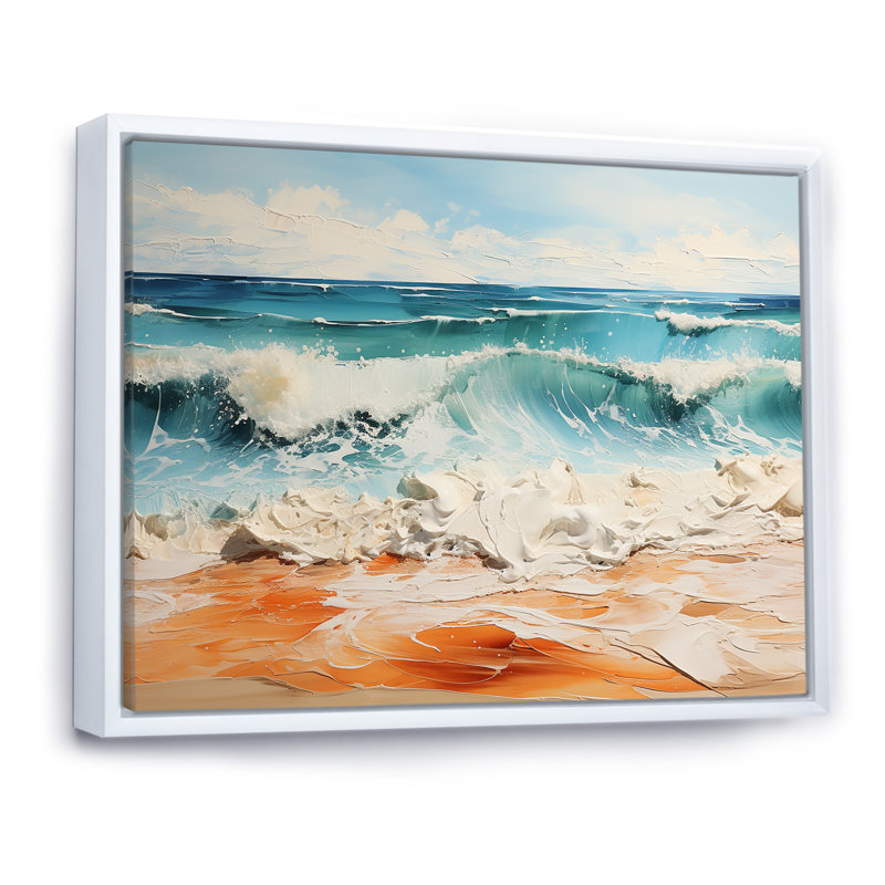 Teal Waves Fight III - Nautique et plage, art mural sur toile, H 24 po x l 32 po x P 1 po, Cadre flottant blanc