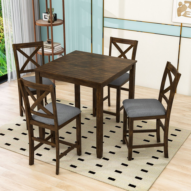 Jerimie 5 - Piece Dining Set, Square Counter Height Wood Table and 4 Upholstered Chairs, Walnut, Walnut/Gray