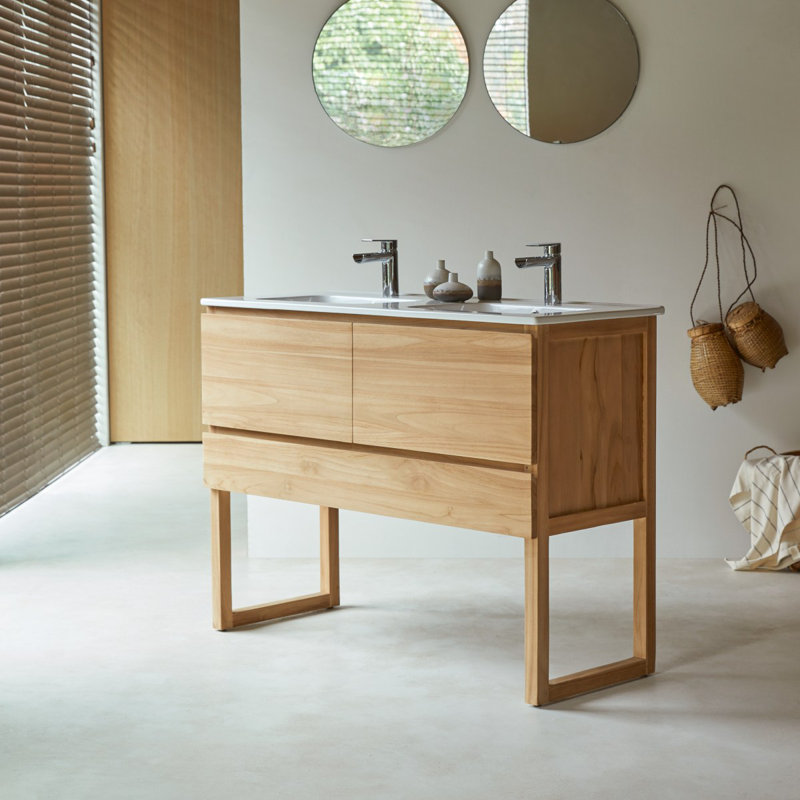 Edgar Solid Teak and Ceramic Double Vanity, 47.64", White