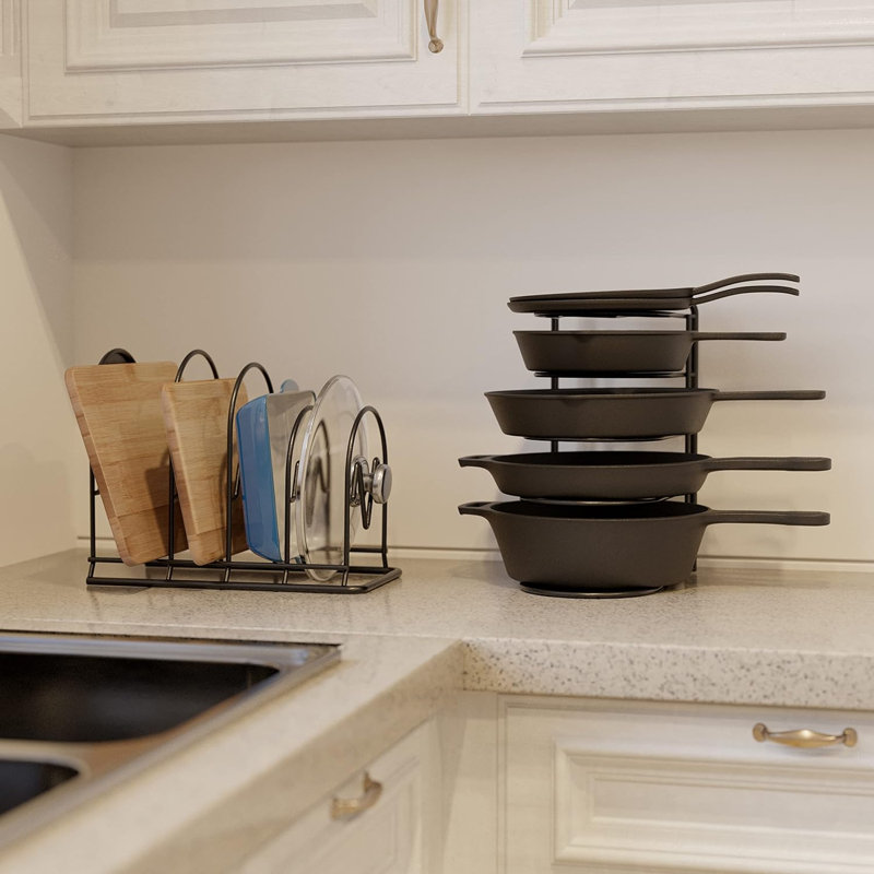 Support à casseroles robuste avec porte-couvercle - Rangement de cuisine pour poêle en fonte, plats de cuisson et planches à découper