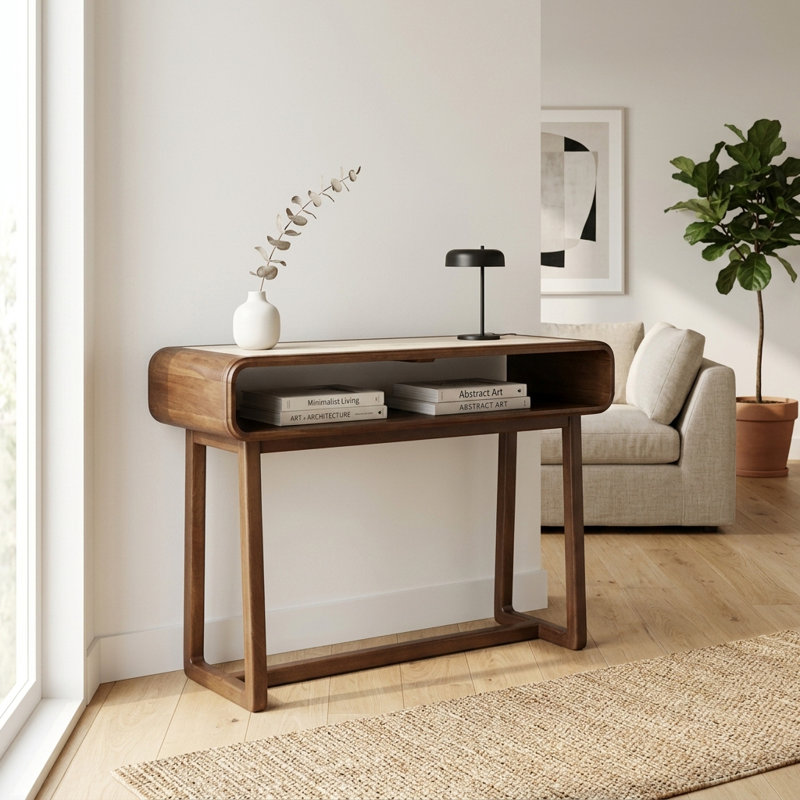 Console Adonia Modern en bois de manguier et en travertin avec tablette ouverte et design courbé - 42 po