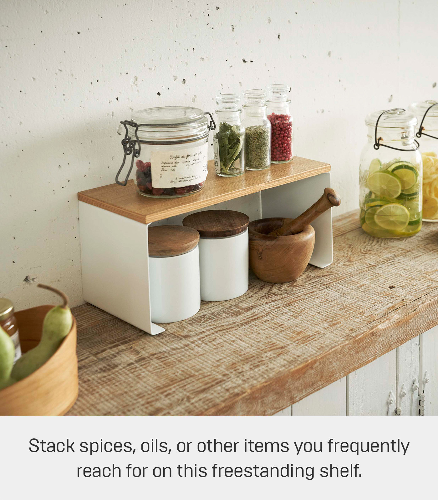 Tosca Yamazaki Home Wood-Top Stackable Kitchen Rack, Modern Counter Shelf Organizer, 5.7" H x 12" W x 5.5" D