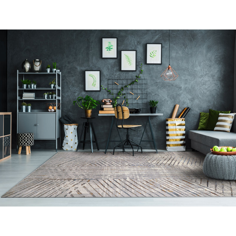 Tapis géométrique rectangulaire en polyester tissé à la machine gris / ivoire, Rectangulaire 5 pi 3 po x 7 pi 7 po