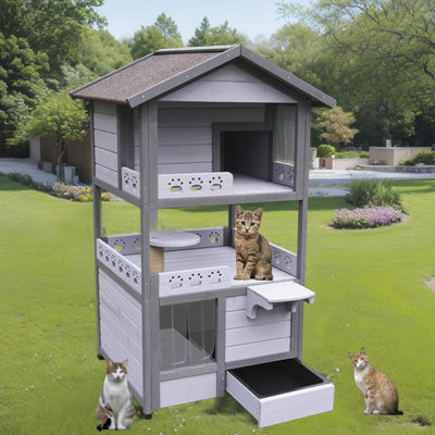 Maison pour chat à trois étages avec balcon, grand abri pour chat Féral Villa résistant aux intempéries, maison pour chat à 3 étages pour plusieurs chats