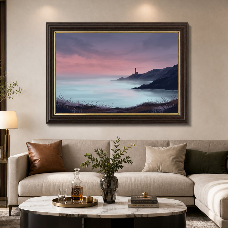 Art sur toile, "Phare sur une falaise avec ciel rose et mauve", H 12 po x l 18 po