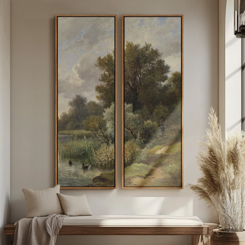 Vintage Landscape Wall Art - 20x60 inches Framed Canvas Set of 2, Natural