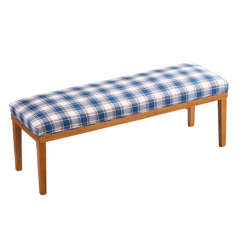 Upholstered Dining Bench Chair With Solid Wood Legs For Dining Table, 52.8'' W Blue Gingham Linen Seat, Blue Gingham