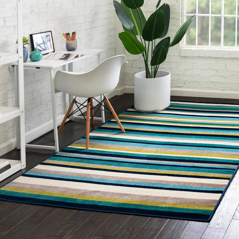 Tapis bleu sarcelle à rayures Analiese, Rectangle 9 pi x 12 pi