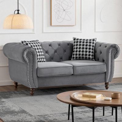 87" Chesterfield Velvet Sofa 3-Seater Mid-Century Modern Couch with Rolled Arms & Nailhead Trim, Plush Upholstered Sofa for Living Room, Office or Apartment