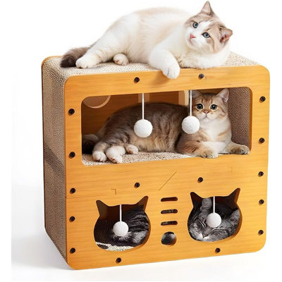 2-Tier Corrugated Cardboard Cat Scratcher House, Multi-Functional Lounge Bed for Small Cats, Scratch Pad & Scratching Post Box, Durable Cat Toy to Protect Furniture from Scratches