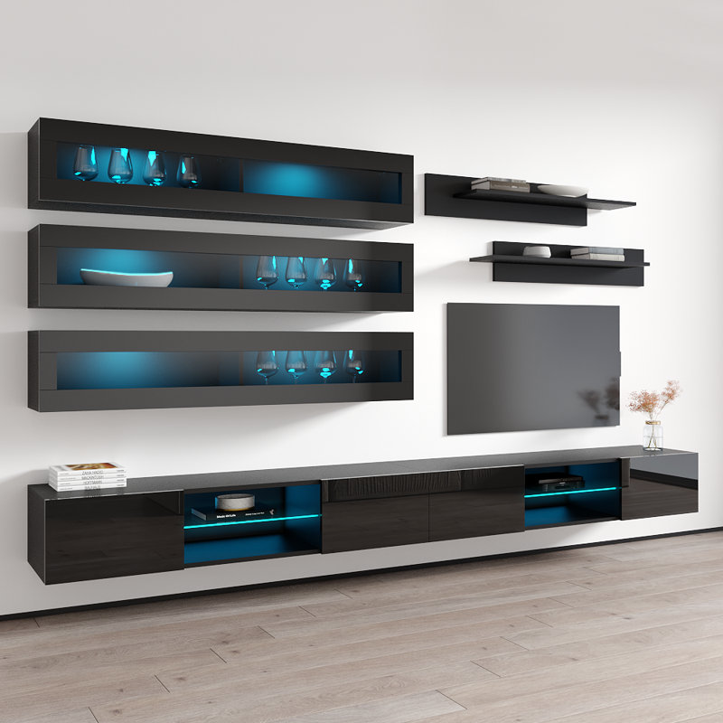 Shadyvale 126" Modern Floating Wall Mounted Entertainment Center with 16-Color LED Lighting, High Gloss Finish, Black