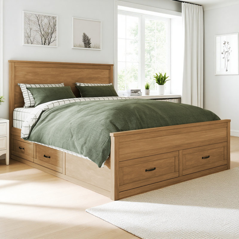 Queen Bed Frame Platform with Drawers, Center Supports Included, Natural