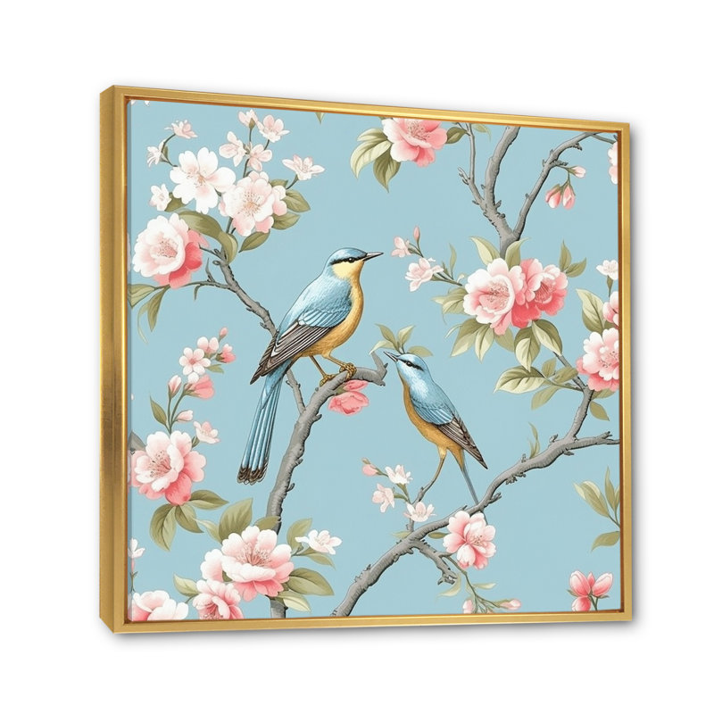 Chinoiserie avec oiseaux et pivoines - impression, Cadre flottant doré, H 36 po x l 36 po x P 1,5 po