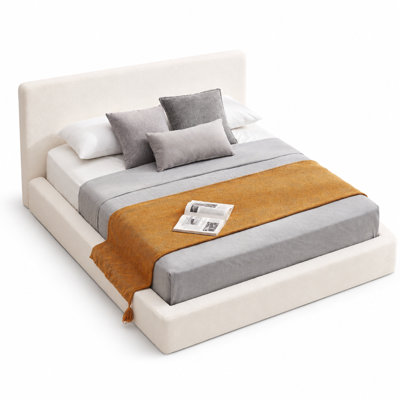 Queen Size Upholstered Platform Bed Frame, Boucle Chenille Soft Cloud Style Bed with Padded Memory Foam Headboard, Reinforced Metal Slat Support System, No Box Spring Needed, Available in Beige & Brown, Minimalist Modern Bed Frame for Bedroom