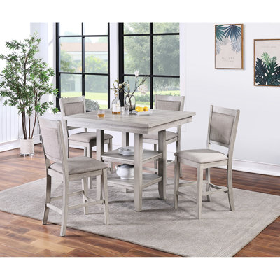 5 pièces de salle à manger carrées à hauteur de comptoir, chaises rembourrées, gris, rangement sous la table, repose-pieds, espace de déjeuner idéal avec table, quatre finitions rustiques confortables, rangement sous le point focal de la pièce