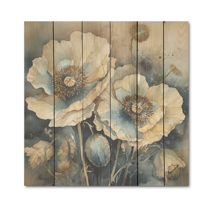 «Blue Poppy Serenity I» - coquelicots, art sur bois de pin naturel, H 36 po x l 36 po