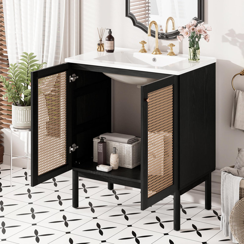 Canella 30" Bathroom Vanity With Ceramic Sink, Handwoven Rattan Doors, Solid Bamboo Legs & Frame, Black