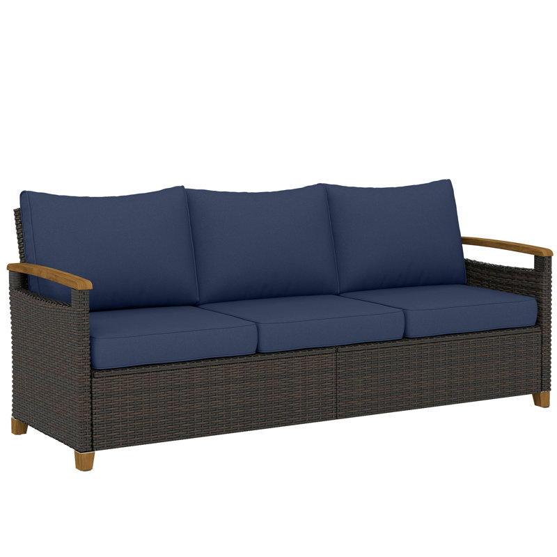 3 Seater Outdoor Couch Sofa, PE Wicker Patio Couch with Wide Deep Seating, 4" Foam Cushions, Wood-Effect Armrests and Legs, Patio Sofa Furniture for Garden, Backyard, Porch, Dark Blue
