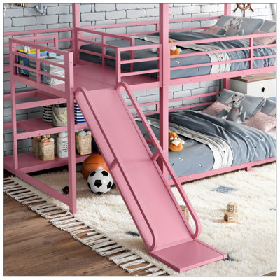 Lit superposé double en métal avec escalier de rangement, glissière, rails de sécurité, rose