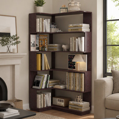 extended size 5-Tier Freestanding L-Shaped Corner Bookshelf For Living Room, Bedroom, home office Wooden Bookcase with anti-drop panel and anti tipping device, Display shelf Open storage