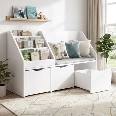 Kids Bookcase With 3 Removable Drawers, Cushioned Seat &  3 Tier Bookshelf