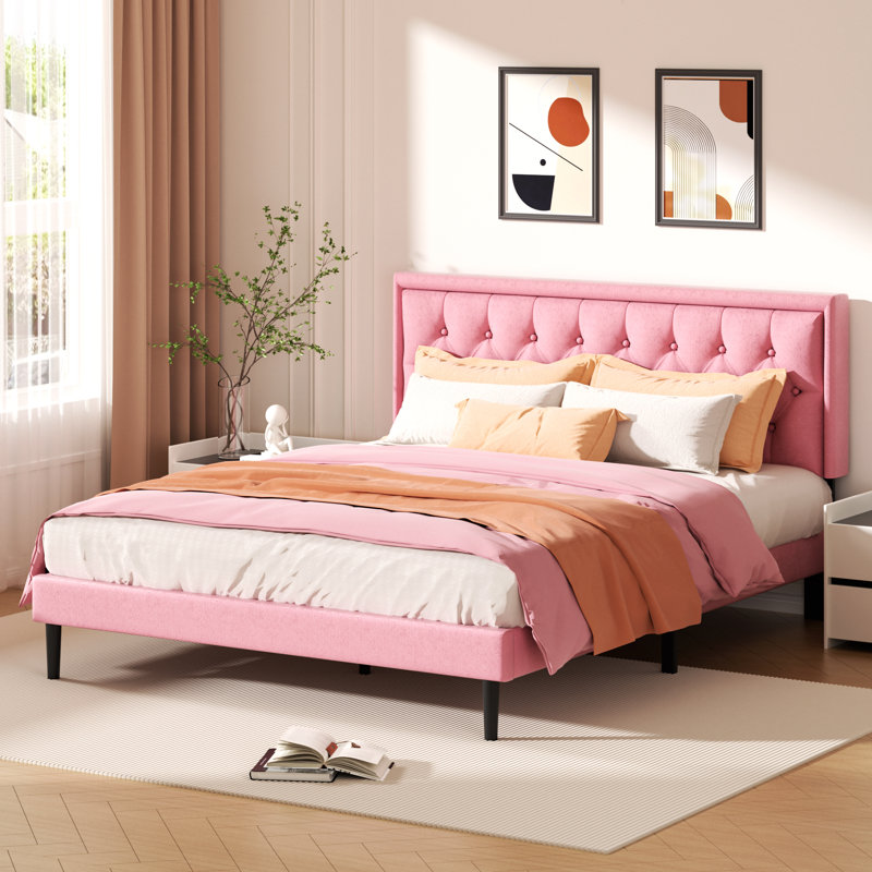 Mauriciu Platform Bed Frame with Button Tufted Headboard and Wooden Slats Support, King, Pink