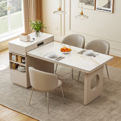 White Expandable Sintered Stone Kitchen Island With Storage Cabinet & Power Outlet
