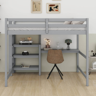 Twin Size Wooden Loft Bed, Built-In Desk, Storage Shelves And Writing Board,Space Saving