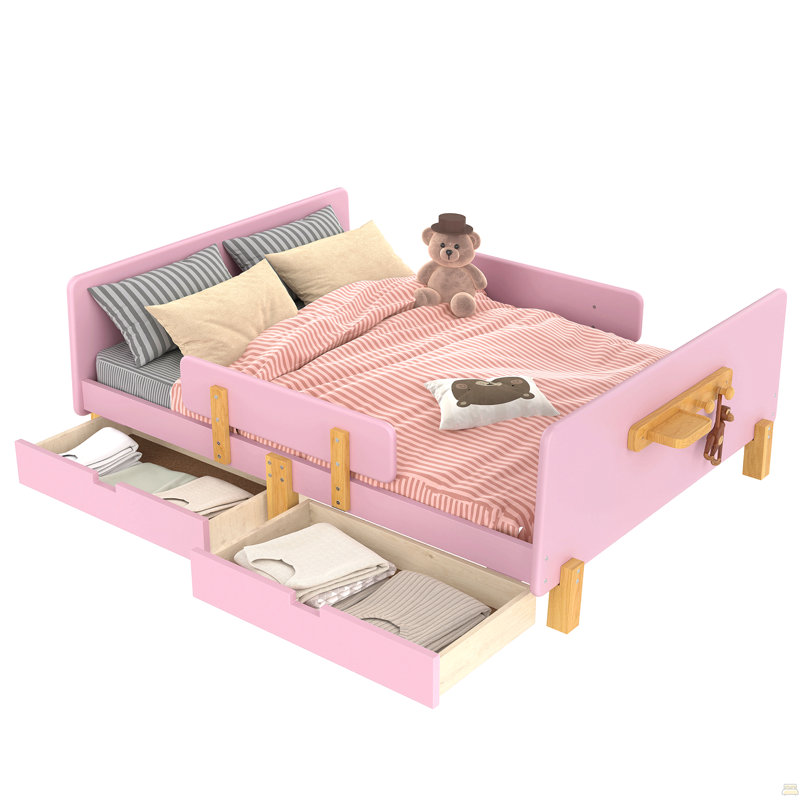 Lit plateforme double avec tiroirs de rangement, structure de lit en bois massif, Full, Pink