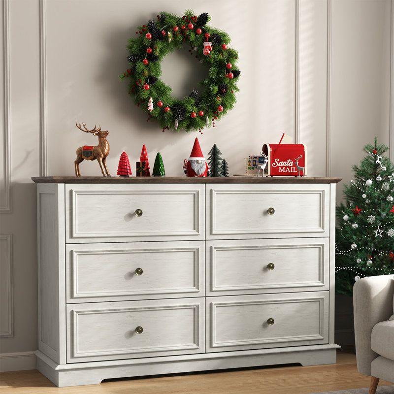 Commode double 6 tiroirs l 47,2 po Valera, Blanc/noyer