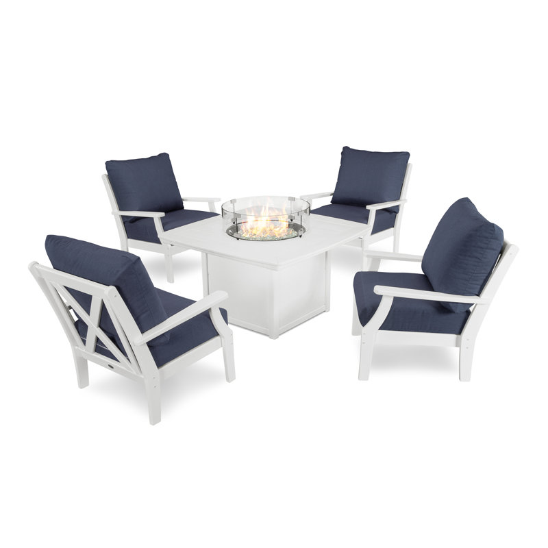 Braxton 5-Piece Deep Seating Conversation Set with Fire Pit Table, White, Marine Indigo Revolution®