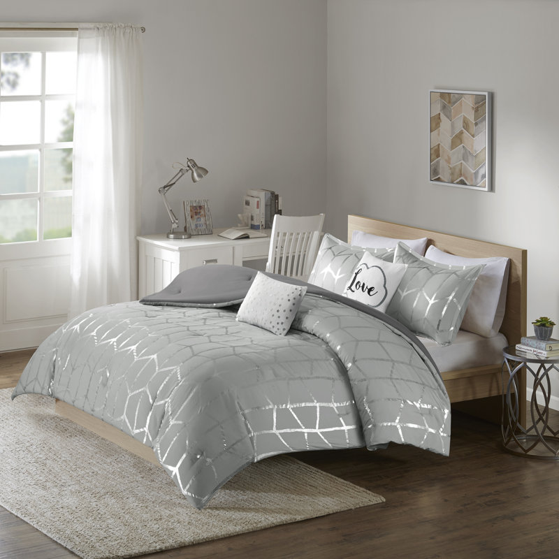 Raina Microfiber Comforter Set, Gray/Silver, Full/Queen Comforter + 2 Shams + 2 Throw Pillows